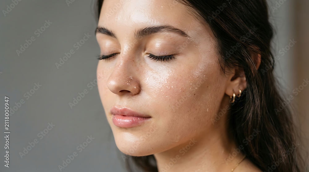 Naklejka premium Young woman with glowing wet skin and closed eyes for skincare or beauty concept