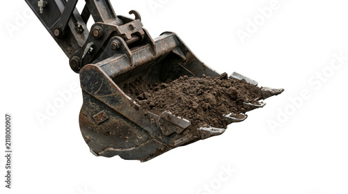 Close-up excavator shovel with soil isolated on black background