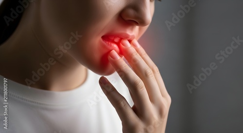 Woman suffering from oral pain, touching her sore mouth with a red glow indicating inflammation or dental discomfort.