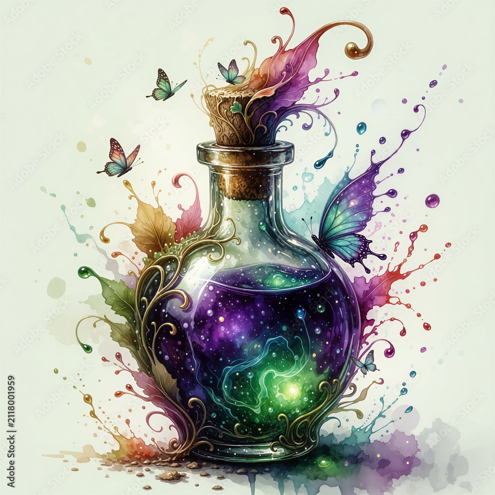 Fototapeta premium Glass bottle holds swirling purple liquid with glowing green nebula. Colorful paint splashes and butterflies surround potion. Ornate vine decorates flask. Fantasy elixir in container.