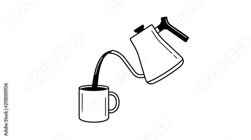 Canvas Print Minimalist line art illustration of a gooseneck kettle pouring coffee into a mug