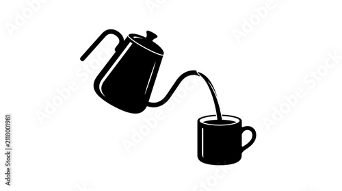 Photography Minimalist black silhouette of a gooseneck kettle pouring hot coffee into a cera