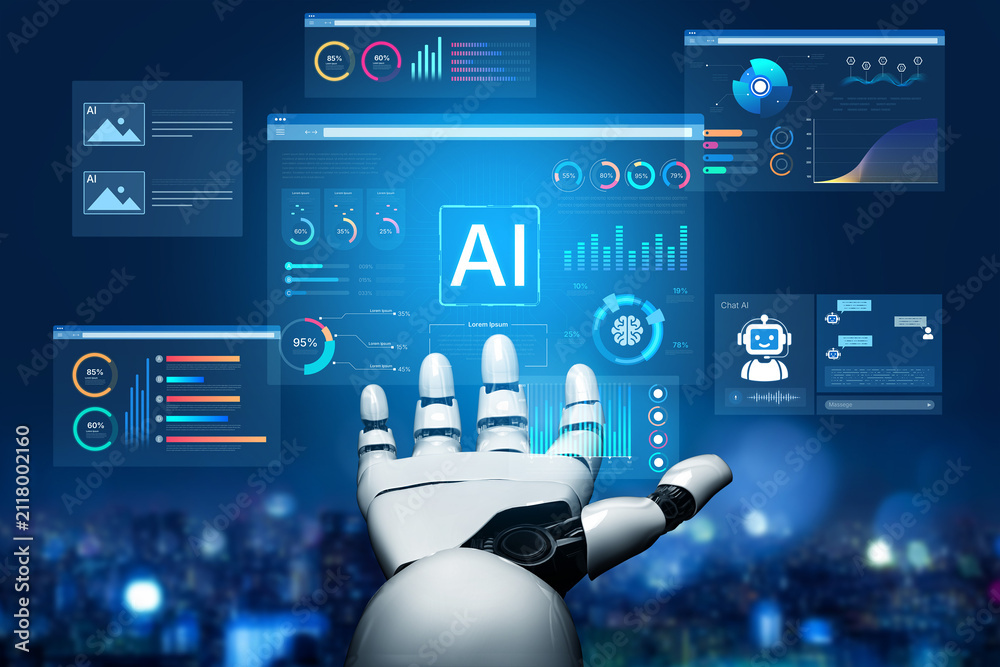 Fototapeta premium AI business intelligence interface featuring real-time AI data visualization, predictive AI model graphs, and automated report tools driven by AI artificial intelligence for business solution. Corpus