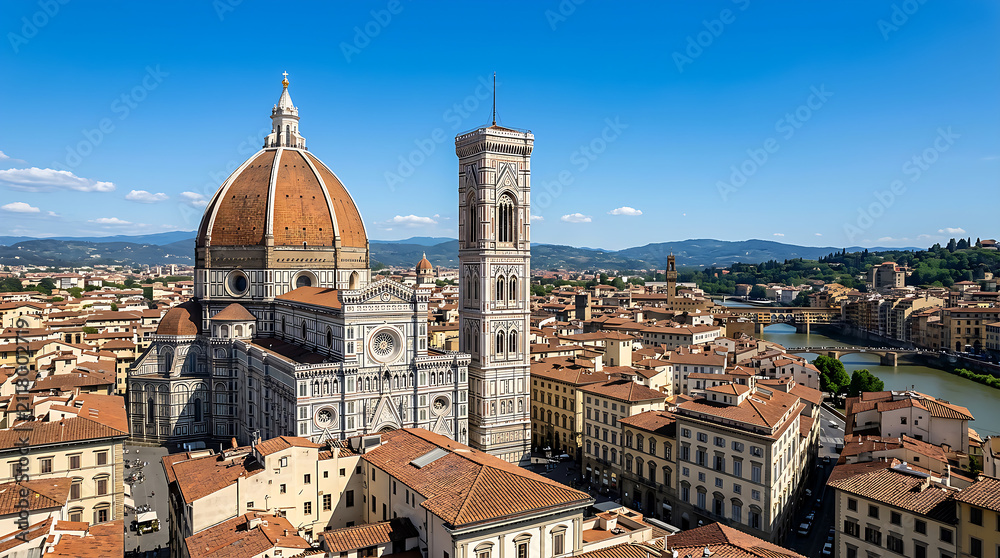 Fototapeta premium Aerial view of Florence Cathedral and historic Tuscan rooftops.