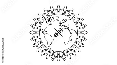 Continuous Line Art Global Unity and Peace Concept with People Holding Hands Around Earth