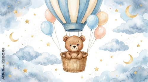 Cute teddy bear riding a hot air balloon among soft clouds and golden stars.