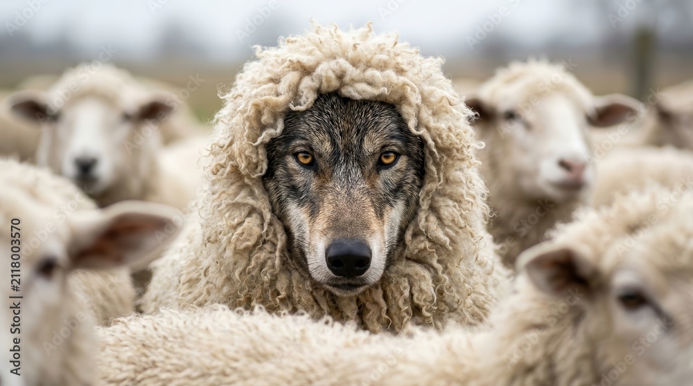 Naklejka premium A wolf in sheep's clothing disguised among a flock of sheep.