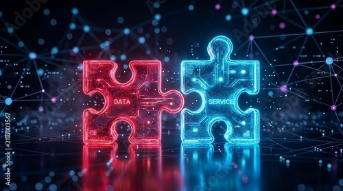 Two interlocking puzzle pieces representing the API integration concept on a futuristic tech background.