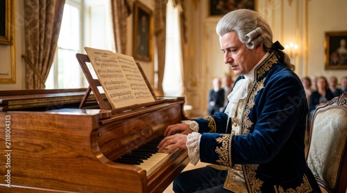 Musician in 18th-century attire playing a period piano with sheet music in a grand hall setting