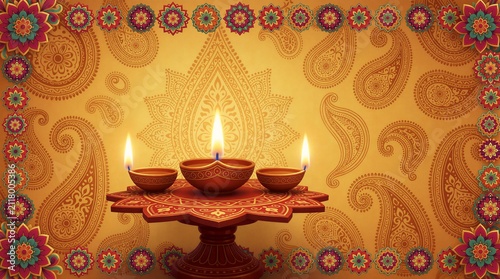 Diwali festival background with golden yellow color. Traditional clay diya lamps with fire flames sit on ornate carved stand. Floral border with paisley patterns decorates rectangular frame. Ethnic