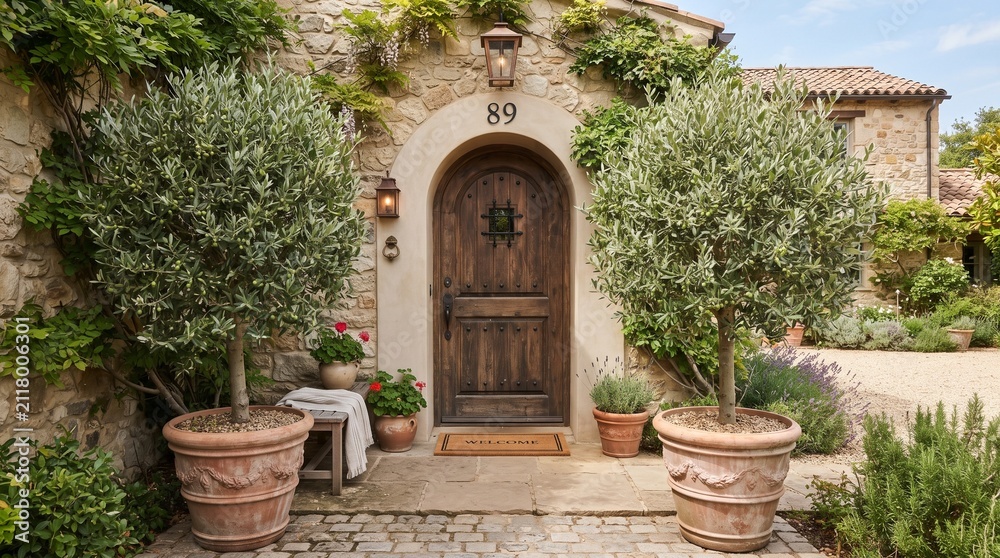 Fototapeta premium Rustic stone house entrance with arched wooden door and two large potted olive trees on a cobblestone path