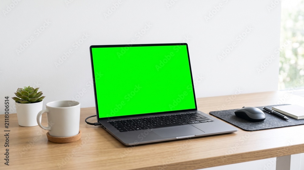 Fototapeta premium Modern Laptop with Green Screen on Wooden Desk Next to Coffee Mug and Plant