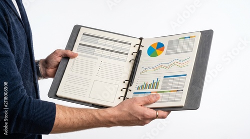 Man holding open planner with financial charts and graphs on white background