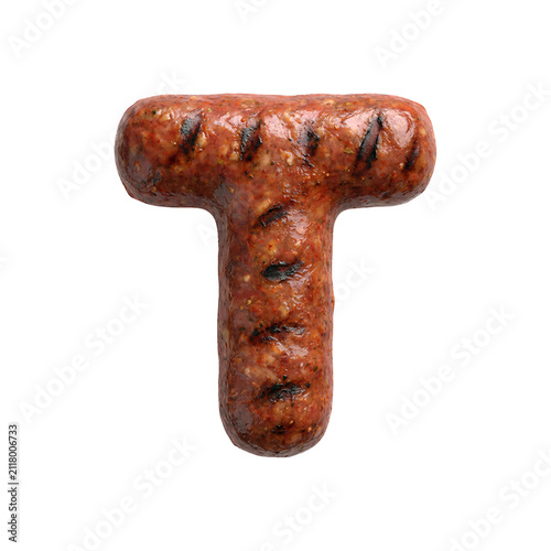 Merguez sausage letter T - Capital Barbecue font isolated on white background. Perfect alphabet for creative illustrations related to Barbecue, Grilled meat, oriental cuisine...