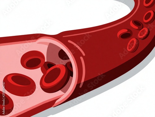 Cross section of human vein with red blood cells flowing inside artery. Vessel wall structure carries biological liquid. Medical view of circulatory system anatomy. Red corpuscles move through