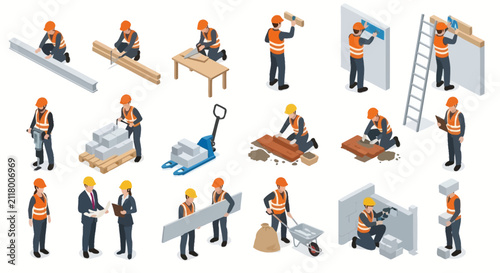 Construction workers isometric set building renovation concept featuring professional industry labor and site management