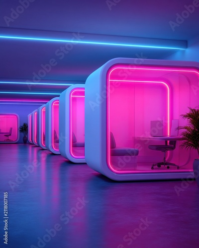 Futuristic office pods with neon pink and blue lighting create a modern, vibrant workspace with individual desks and ergonomic chairs.