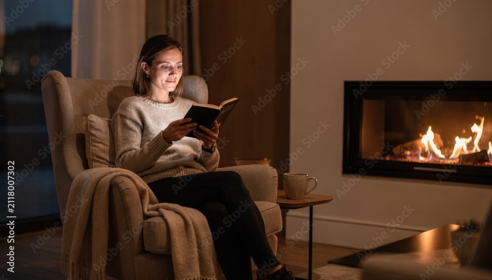 Naklejka premium Elegant lounge corner with a resident absorbed in a book beside a stylish fireplace the warm flames delicately blurred directing attention to the main subject.
