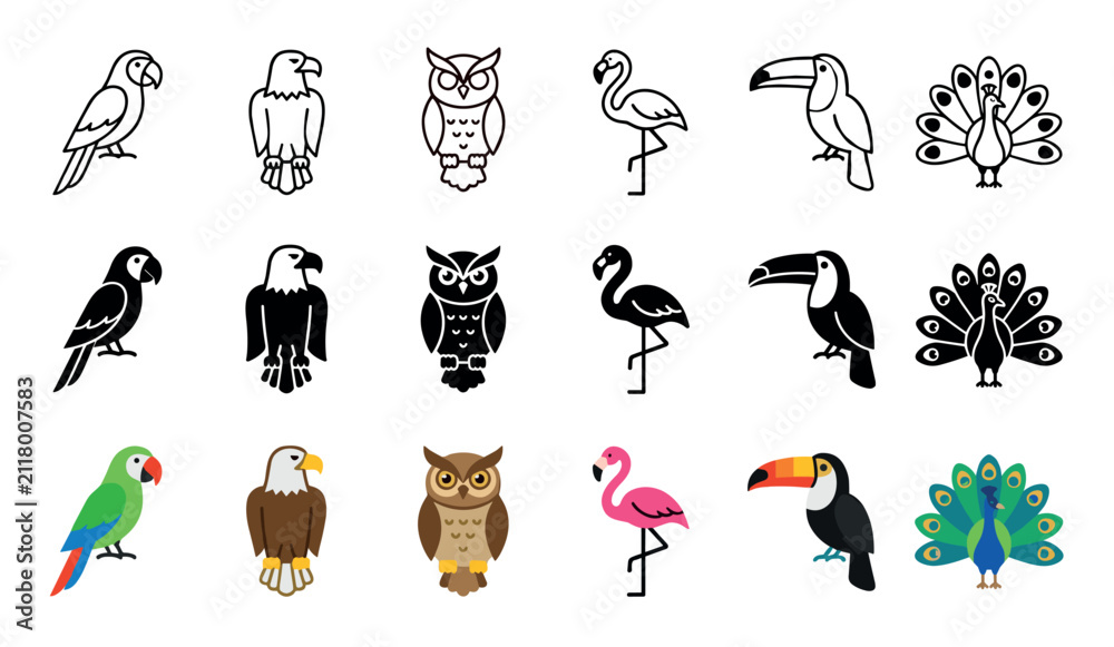 Obraz premium Diverse collection of bird icons featuring parrots, eagles, owls, flamingos, toucans, and peacocks, presented in outline, silhouette, and flat color styles.