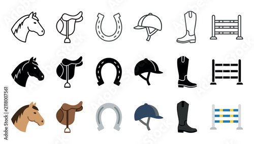 Collection of horse riding equipment icons and equestrian sport elements, including horse head, saddle, horseshoe, helmet, boot, and jump.
