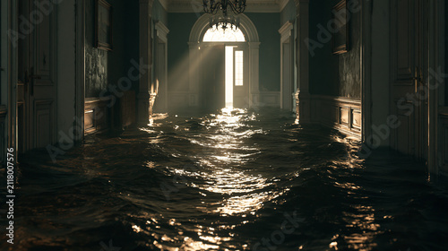 A flooded luxury mansion hallway with rippling water reflecting sunlight streaming through an open doorway. Dramatic interior disaster concept for property insurance and.