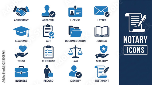 Notary and legal document icon set for contract signing and certification services