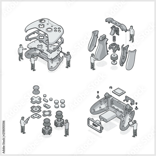Deconstructed Gaming Controller Exploded View with Miniature Engineers
