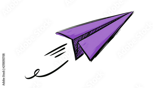 Purple paper airplane illustration. Hand drawn sketch of a flying paper plane icon.