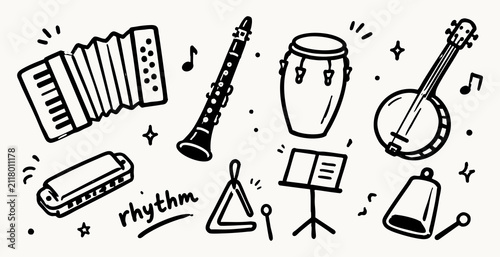 Musical instruments collection doodle vector illustration with accordion banjo and drum