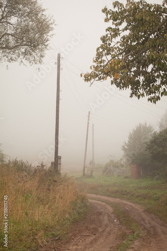 Country road and wooden power poles disappearing into thick morning fog