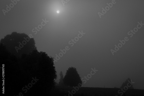 Pale sun shining through deep twilight and thick evening fog over field