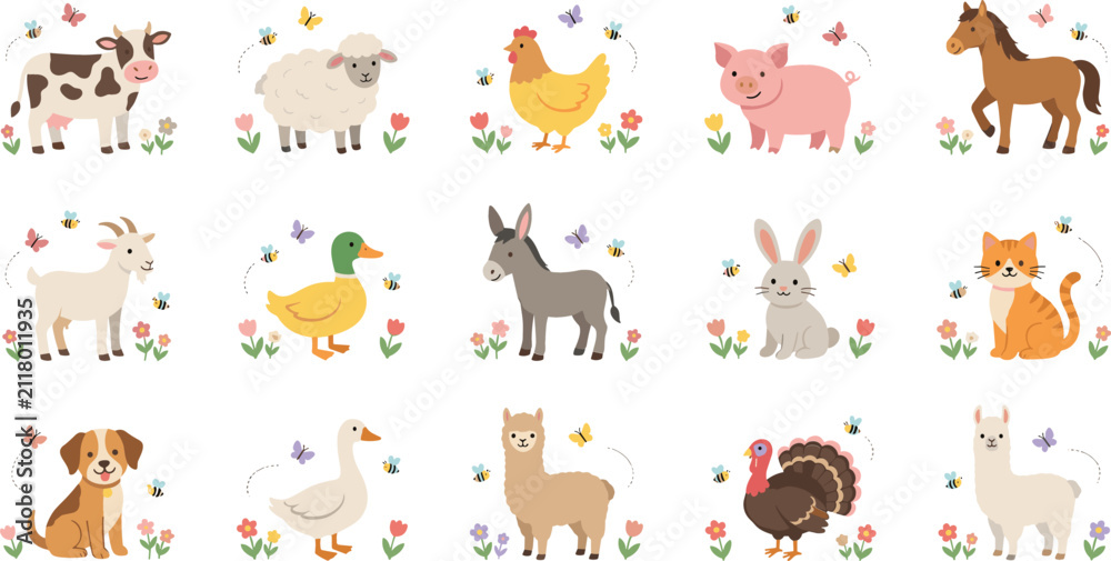 Fototapeta premium Cute Farm Animal Set with Cow, Sheep, Chicken, Pig, Horse, Rabbit, and Duck Flat Illustrations for Kids and Nursery Designs