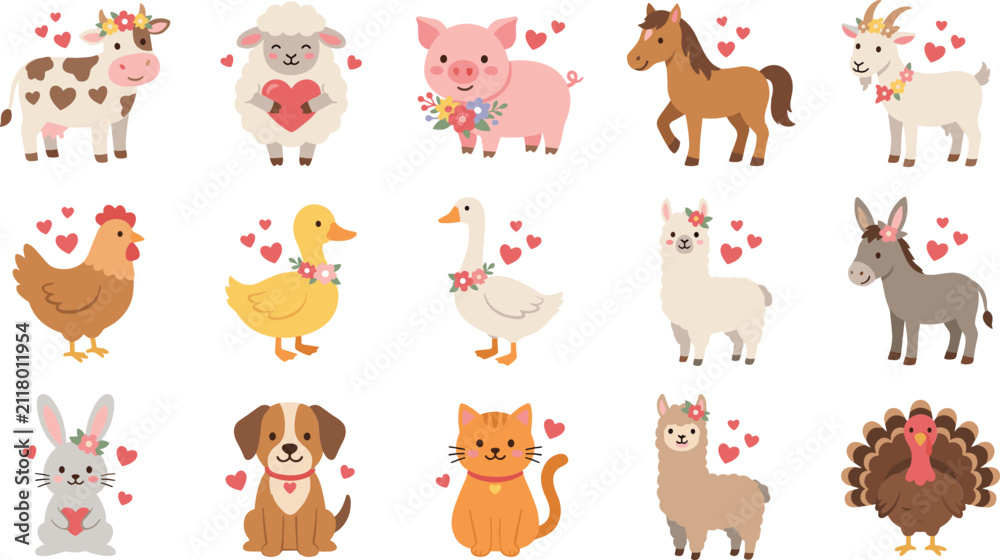 Obraz premium Cute Farm Animal Set with Cow, Sheep, Pig, Horse, Goat, and Hearts and Flowers Illustrations for Valentines Day Designs