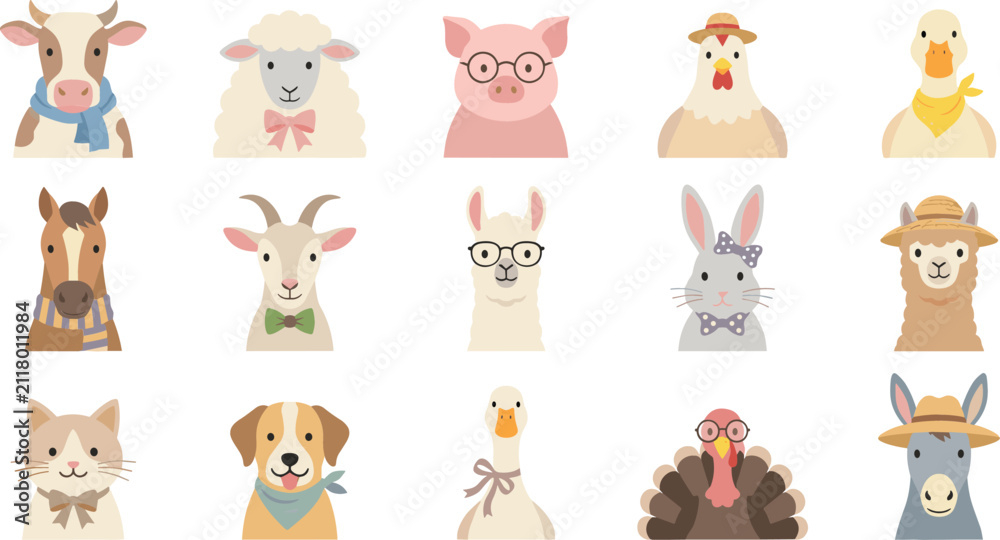 Obraz premium Farm Animal Portrait Set with Cow, Sheep, Pig, Goat, and Llama Faces Wearing Glasses, Hats, and Bowties Illustrations