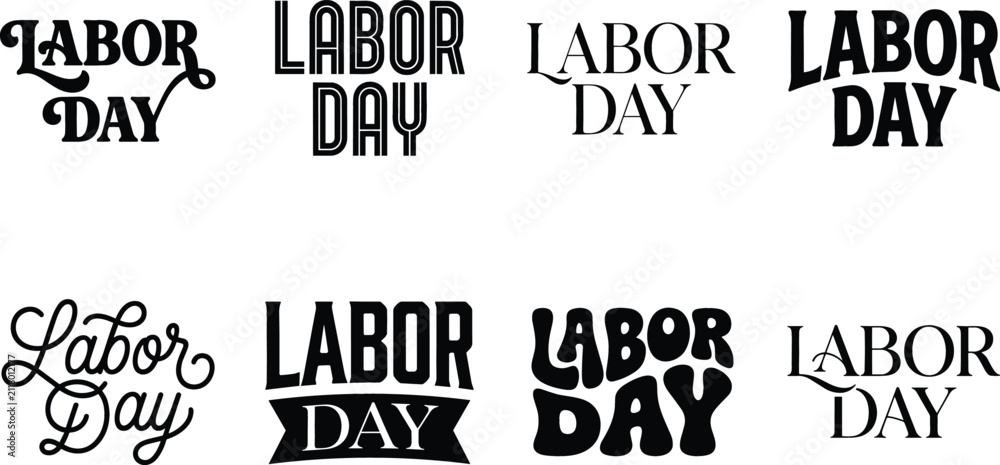 Obraz premium Labor Day Lettering Set with Bold, Retro, and Ribbon Style Text Designs for Posters, Banners, T-Shirts, and Holiday Branding