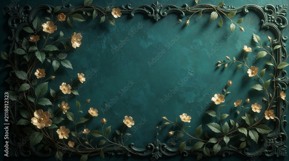 Fototapeta premium Ornate dark teal frame surrounds golden flowers and green leaves. Botanical vines spread across textured backdrop. Elegant vintage background offers copy space.