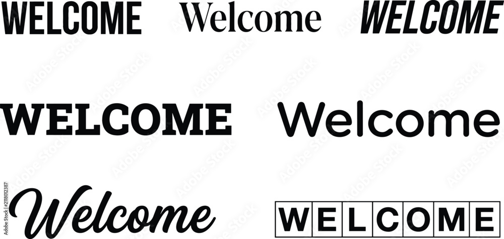 Obraz premium Welcome Lettering Set with Bold, Script, and Boxed Text Styles for Signs, Posters, Invitations, and Branding Designs