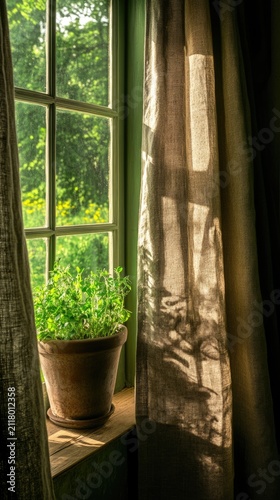 Farmhouse window with slightly open linen curtains and a potted green plant on the windowsill. Cozy home atmosphere, rustic interior design.