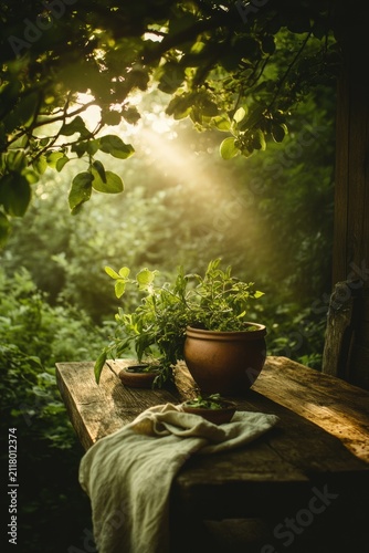 Clay pot with aromatic herbs placed on an aged wooden table surrounded by garden greenery. Home gardening, healthy cooking, eco-friendly living, and rustic decor inspiration.