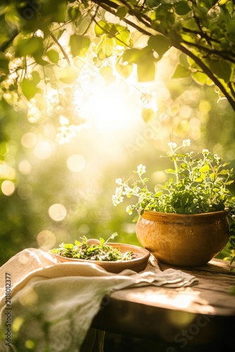 Clay pot with aromatic herbs placed on an aged wooden table surrounded by garden greenery. Home gardening, healthy cooking, eco-friendly living, and rustic decor inspiration.