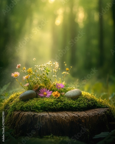 Still life of moss, wildflowers, and small stones arranged on an old tree stump in a forest.