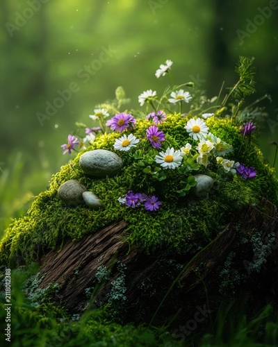 Forest still life featuring delicate wildflowers, green moss, and small stones on a weathered tree stump.