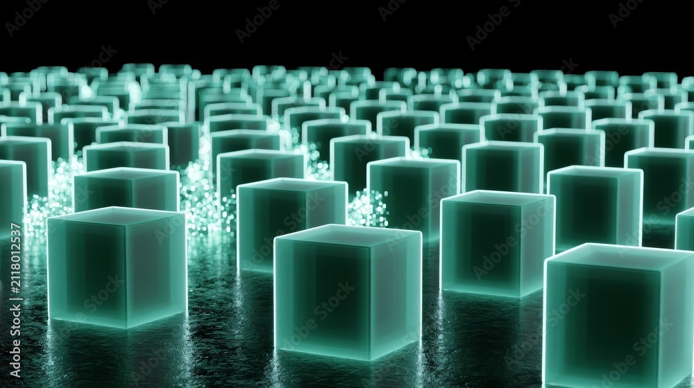 Fototapeta premium Floating glowing cubes hovering over a dark reflective plane