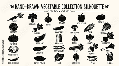 Set of various hand drawn farm fresh vegetables presented in a distinct black and white artistic style silhouette