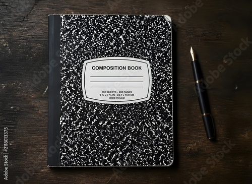 Classic black marble composition notebook with fountain pen on dark wooden background flat lay