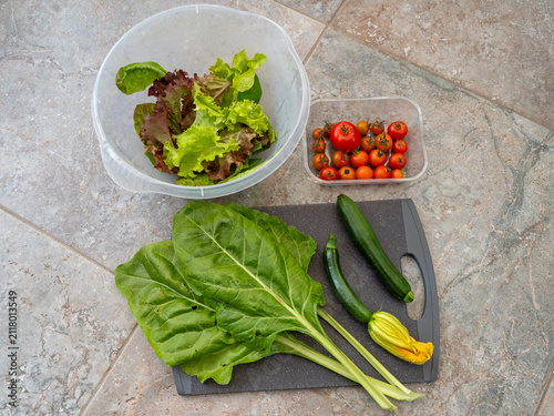 Salad and vegetable produce from the garden