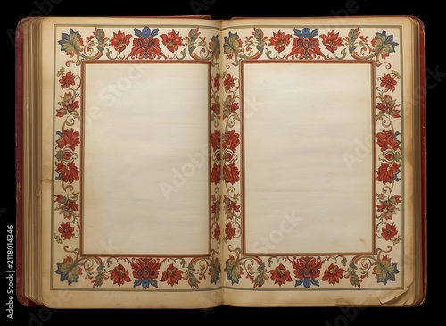 Vintage open book mockup with illuminated manuscript floral borders and blank center pages