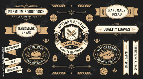 Vintage artisan bakery labels and bread logos, retro sourdough badges with wheat and rolling pin icons, rustic handmade food branding vector set