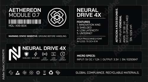Futuristic cyberpunk UI labels and tech decals, sci-fi industrial hardware stickers for game design, black and white technical interface elements vector
