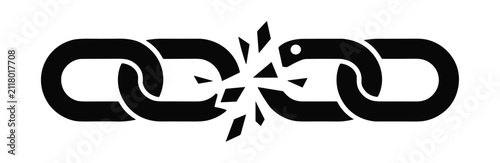 Foto Broken Chain Symbol: A stark black and white graphic depicting a broken chain link, symbolizing a rupture in connection or a breakthrough from confinement